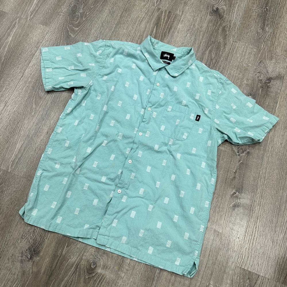 Stussy Shirt Mens Large Short Sleeve Button‎ Up Mint Green Geometric Print Shirt